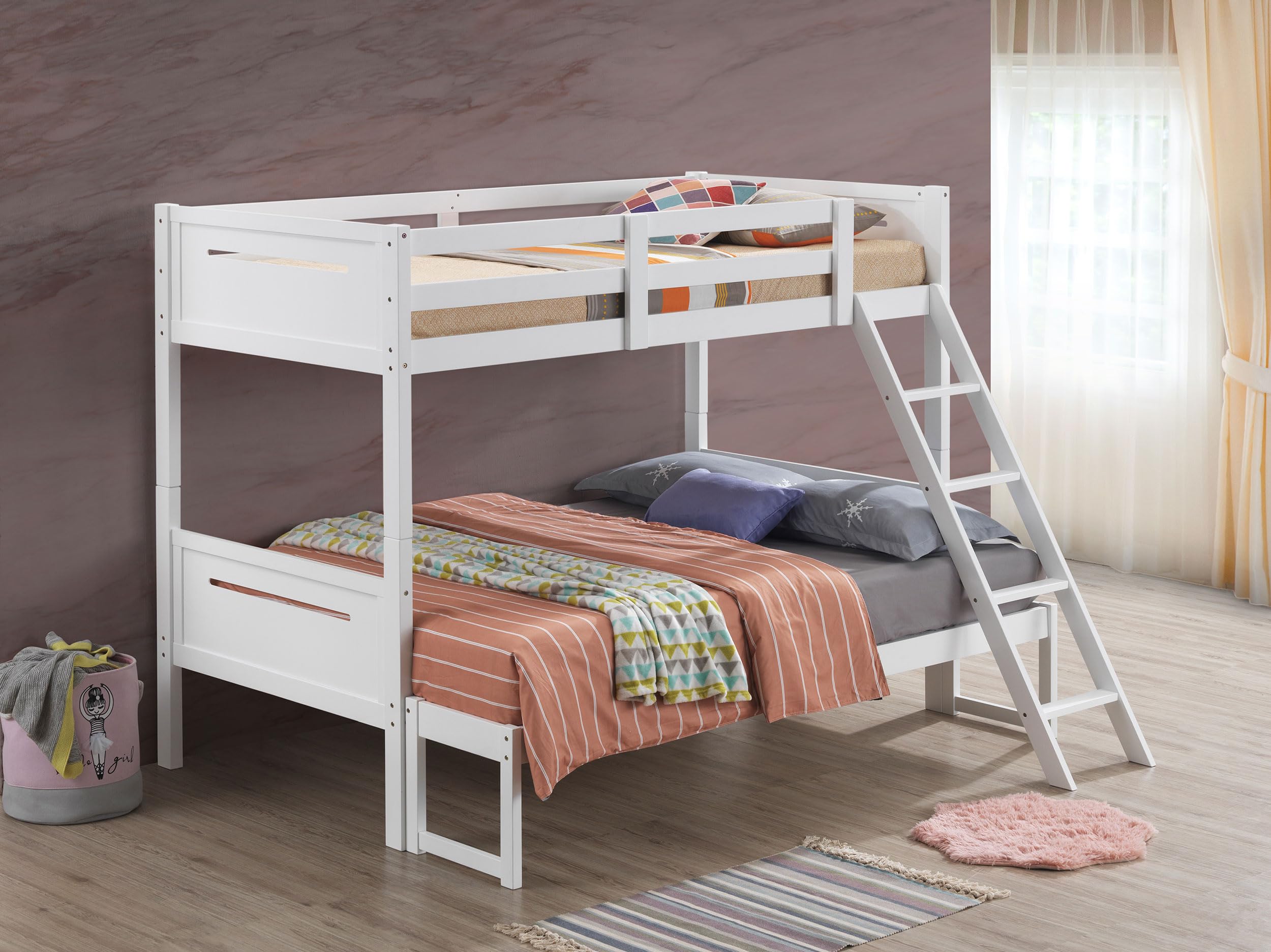 Coaster Home Furnishings Littleton Transitional Wood Twin Over Full Size Bunk Bed Frame with Ladder and Guardrails Fully Slatted Mattress Ready Foundation White 405052WHT